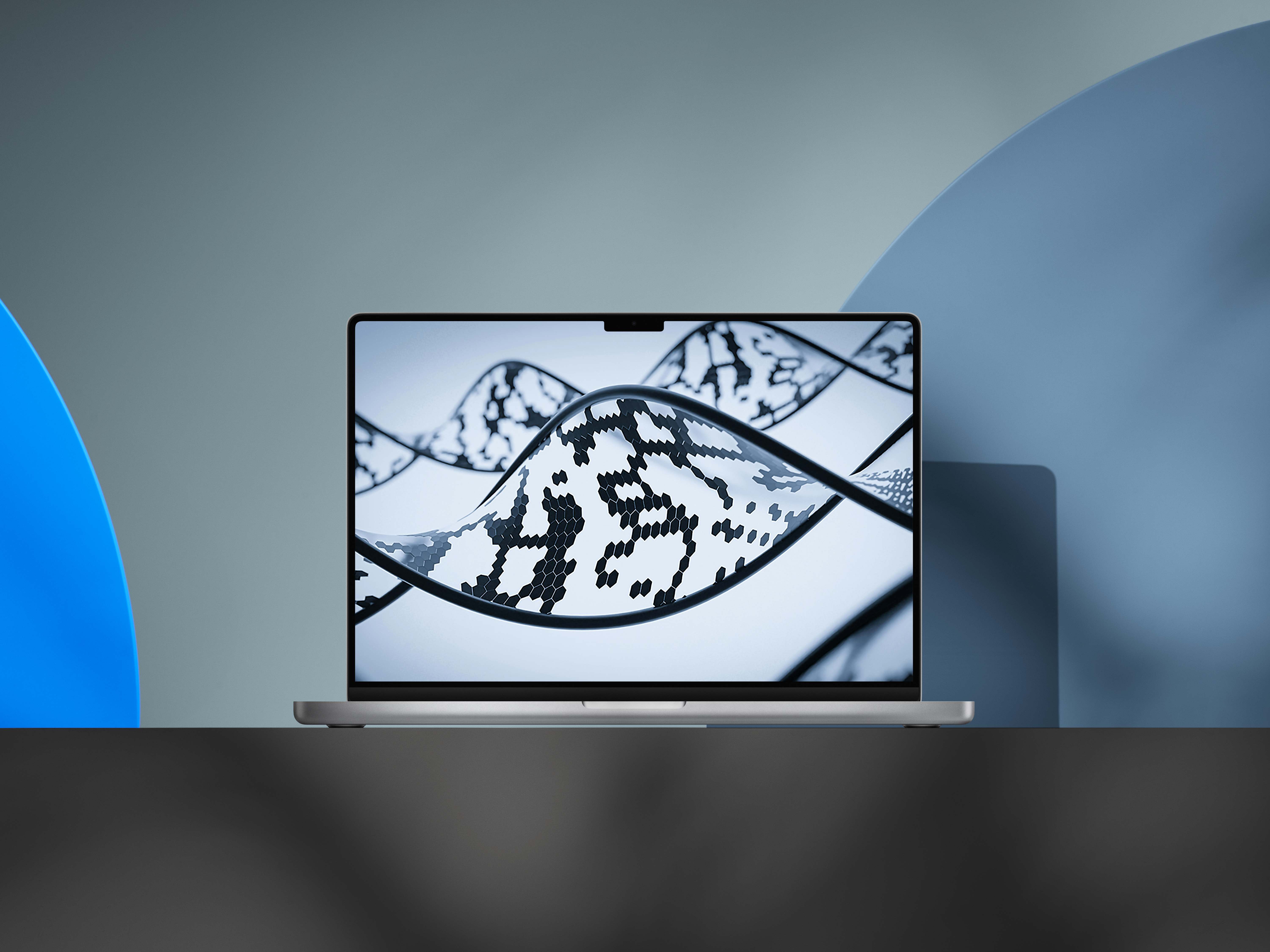 Graphic showing a macbook with rendered dna strand